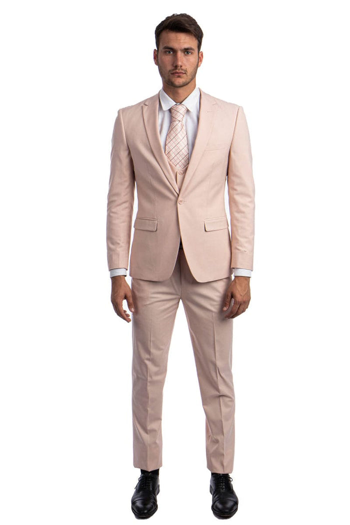 "Blush Pink Men's Wedding & Prom 2026 Suit - One Button Peak Lapel Skinny with Lowcut Vest"