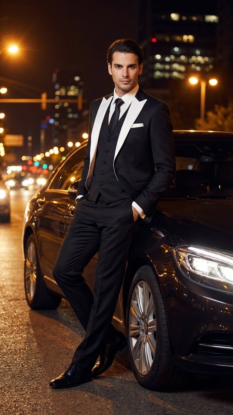 Men's black tuxedo with white satin shawl lapel. Includes a black vest and slim-fit trousers. Classic formal look for prom.

