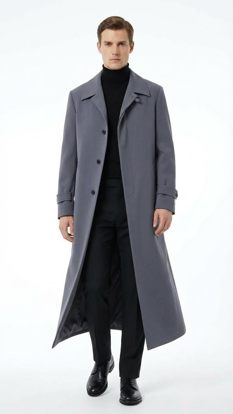 Charcoal grey men's overcoat. Straight silhouette, wide lapel, single-breasted. Smooth fabric, polished look. Front pockets, adjustable cuffs. Mid-calf length, sleek and tailored.
