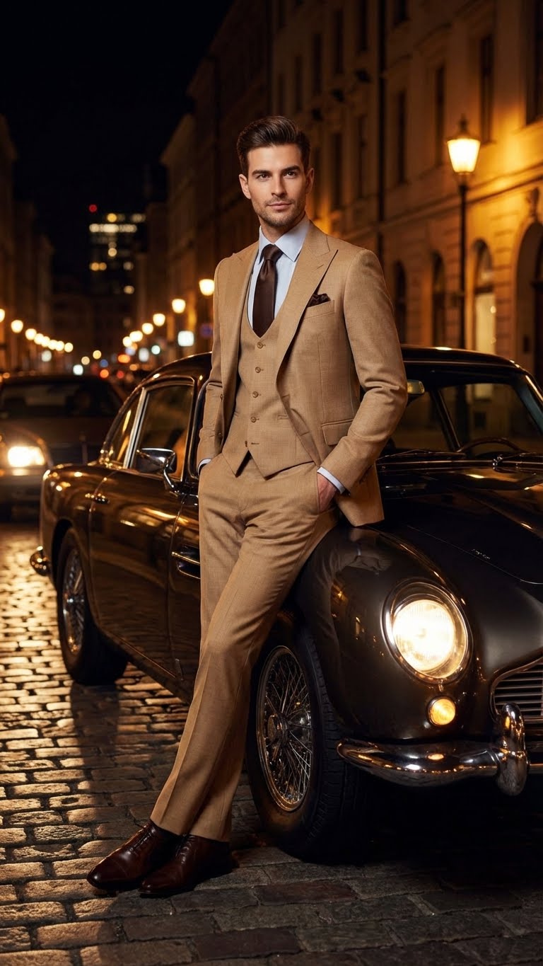 Alberto Nardoni men's tan three-piece suit. Fitted jacket, matching vest, tailored trousers. Smooth fabric, likely wool. Notch lapel, button details. Paired with light blue shirt and dark tie.
