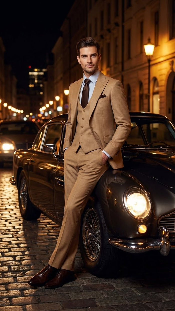 Alberto Nardoni men's tan three-piece suit. Fitted jacket, matching vest, tailored trousers. Smooth fabric, likely wool. Notch lapel, button details. Paired with light blue shirt and dark tie.
