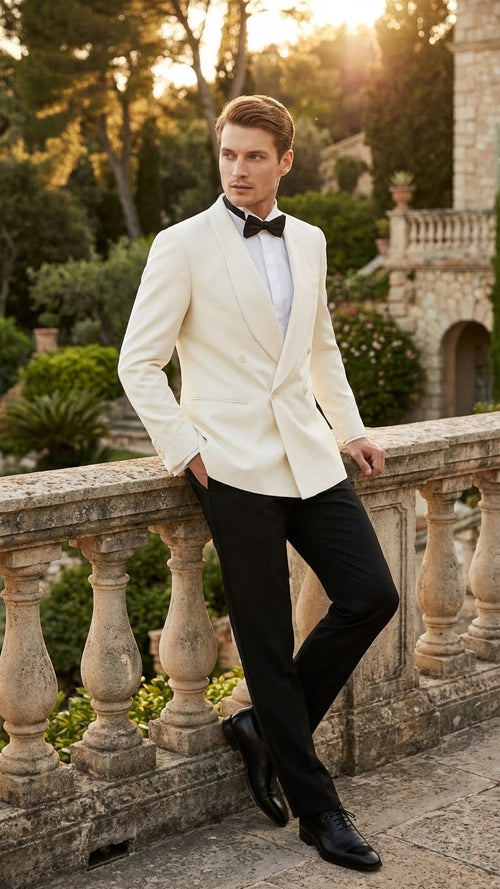 Ivory double-breasted tuxedo jacket by Alberto Nardoni. Shawl lapel, structured silhouette, smooth fabric. Two-row button closure. Sleek, fitted style. Classic formal look, complements dark trousers.
