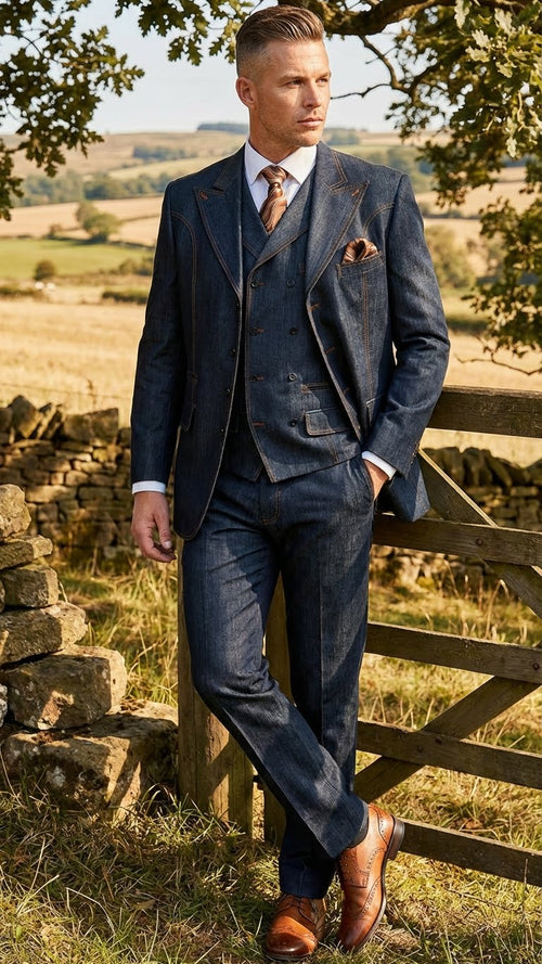 Menâ€™s Dark Denim Blue Fabric Suit â€“ Classic Three Piece Denim Suit for Wedding, Party and Formal Events