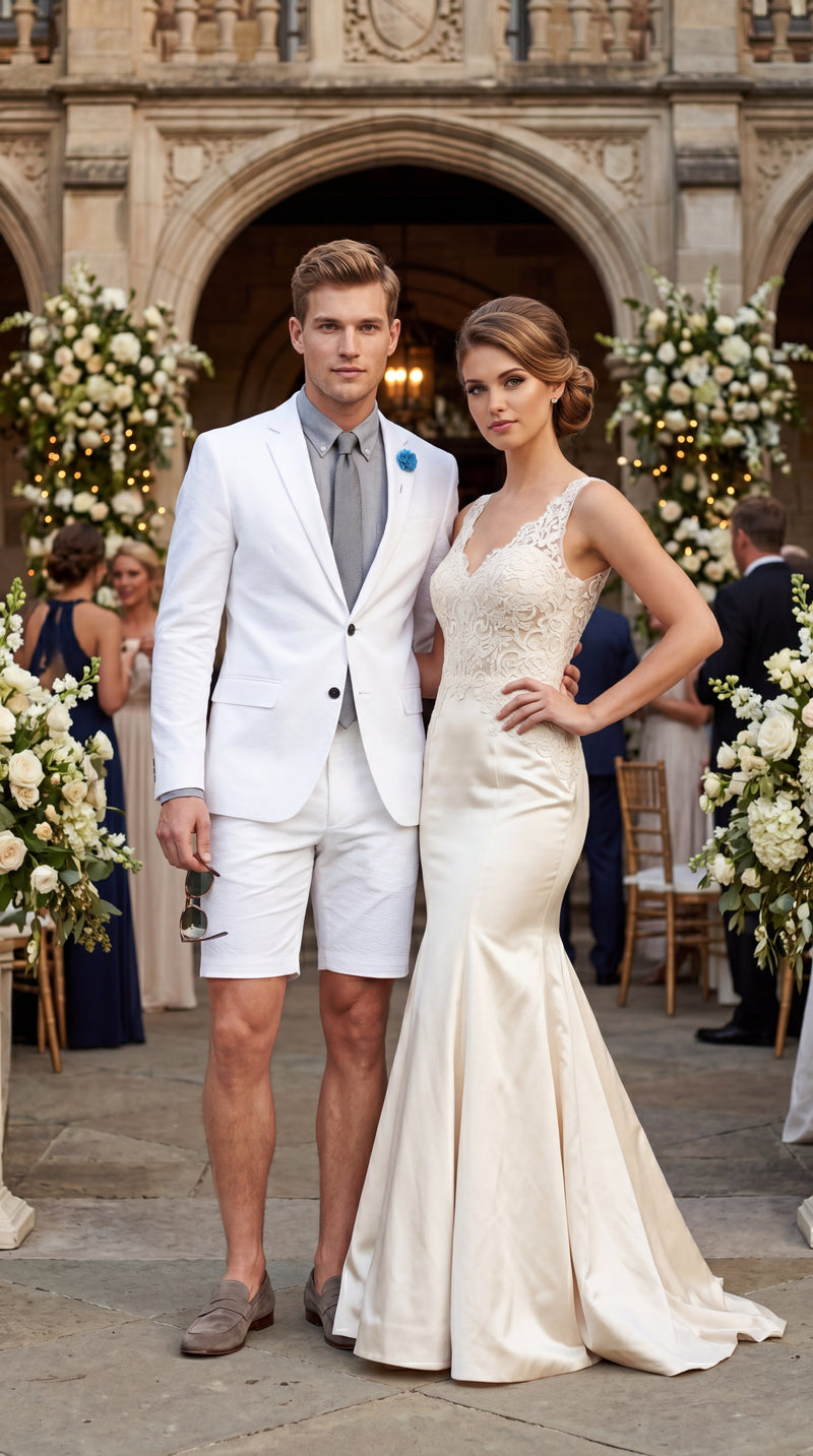 Men’s Cotton Fabric White 2 Piece Summer Suit with Shorts, Casual Beach Wedding and Resort Formal Outfit