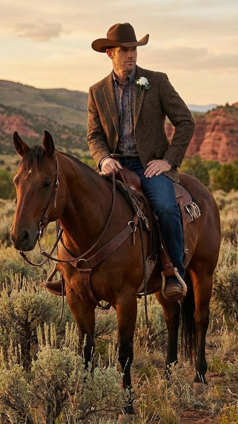 Mens Brown Western Tweed Herringbone Blazer Jacket Classic Cowboy Style Sport Coat for Wedding Party