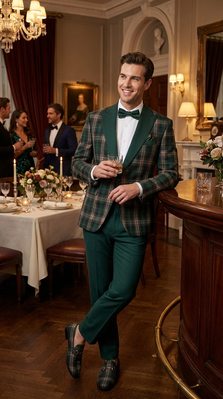 Mens Tartan Green and Brown Blue Plaid Tuxedo Dinner Jacket Set – Checkered Prom Blazer with Dark Green Pants Formal Wedding Party Wear
