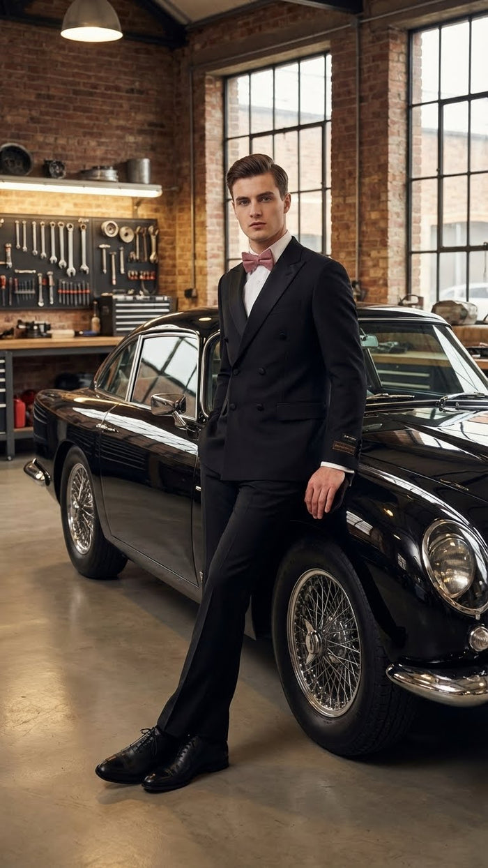 Classic black double-breasted tuxedo in Italian wool super 150s with peak lapels. Features a tailored fit, smooth texture, and deep black color. Includes matching trousers, bow tie, and polished black shoes.