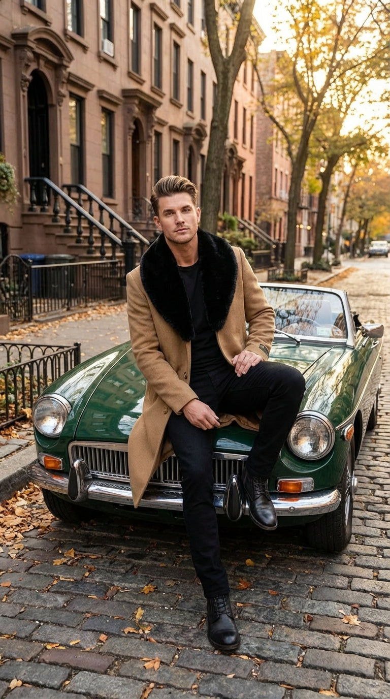 Mens Camel Tan Long Overcoat with Black Faux Fur Collar - Wool Topcoat Three if not Full length