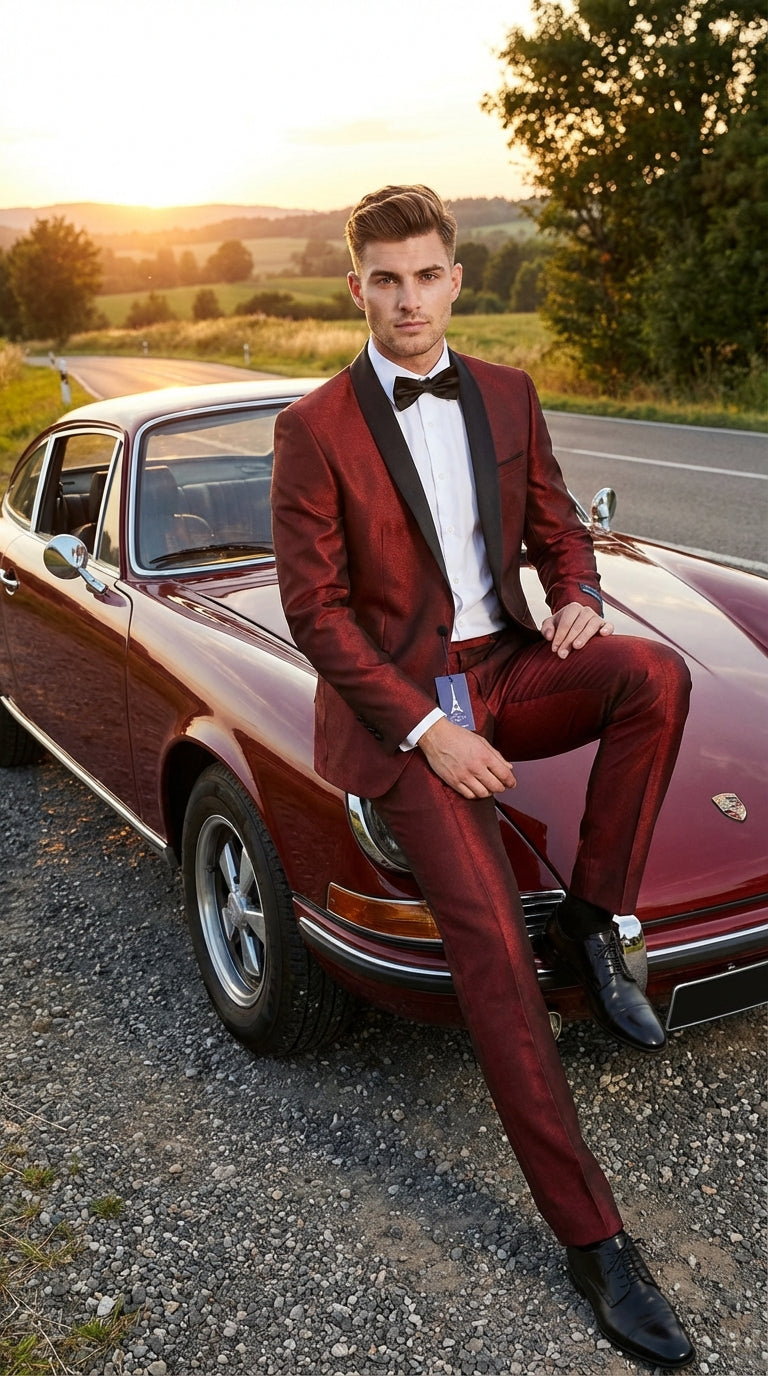 Mens Shiny Burgundy Satin Tuxedo Jacket with Black Shawl Lapel | Formal Wedding & Prom Blazer - Sharkskin Fabric