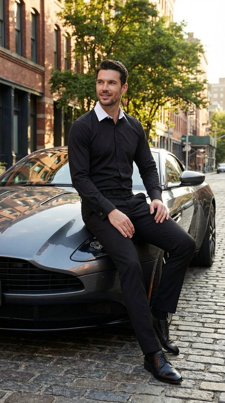 Mens Black Dress Shirt with White Contrast Collar | French Cuff Cotton Poplin Formal Button-Up Shirt