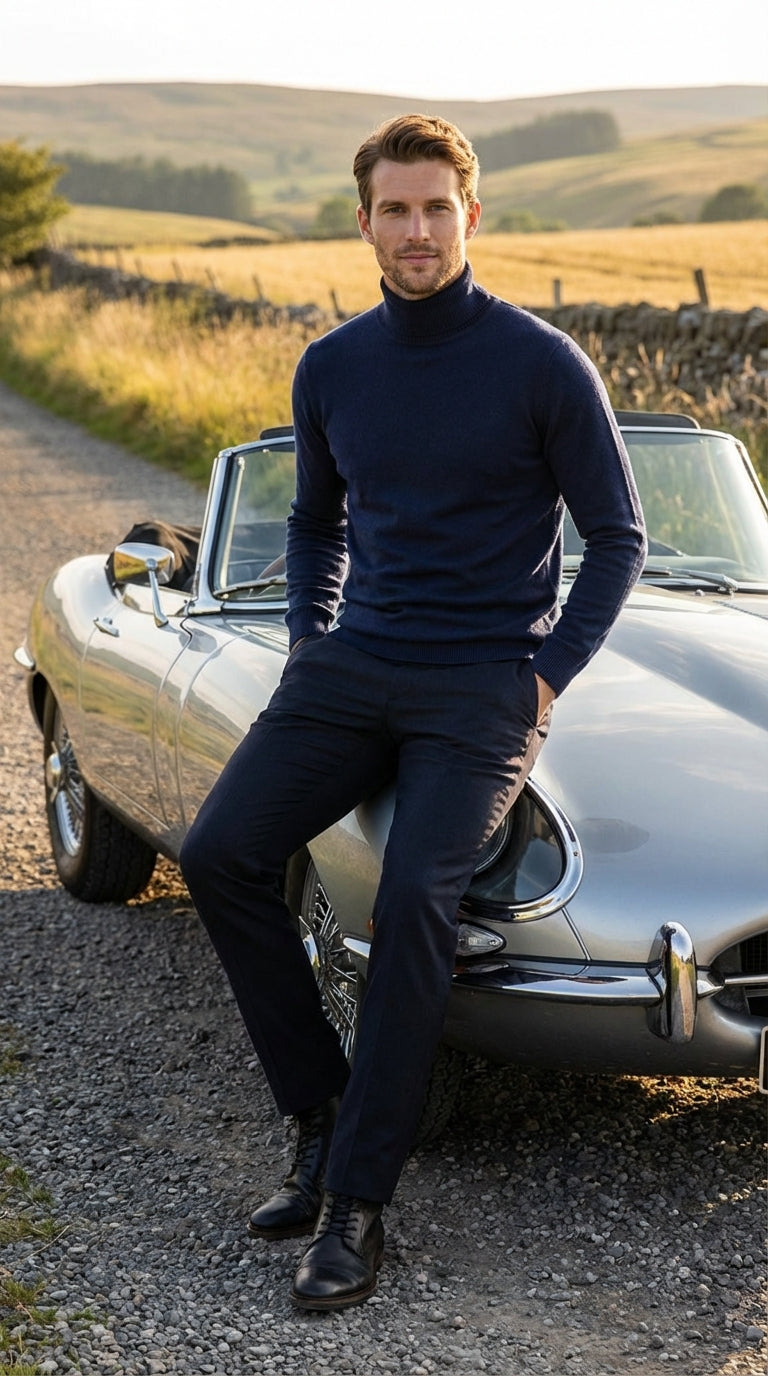 Men’s Navy Blue Turtleneck Sweater Pullover | Cotton Blend Long Sleeve Knit Top for Casual & Smart Wear