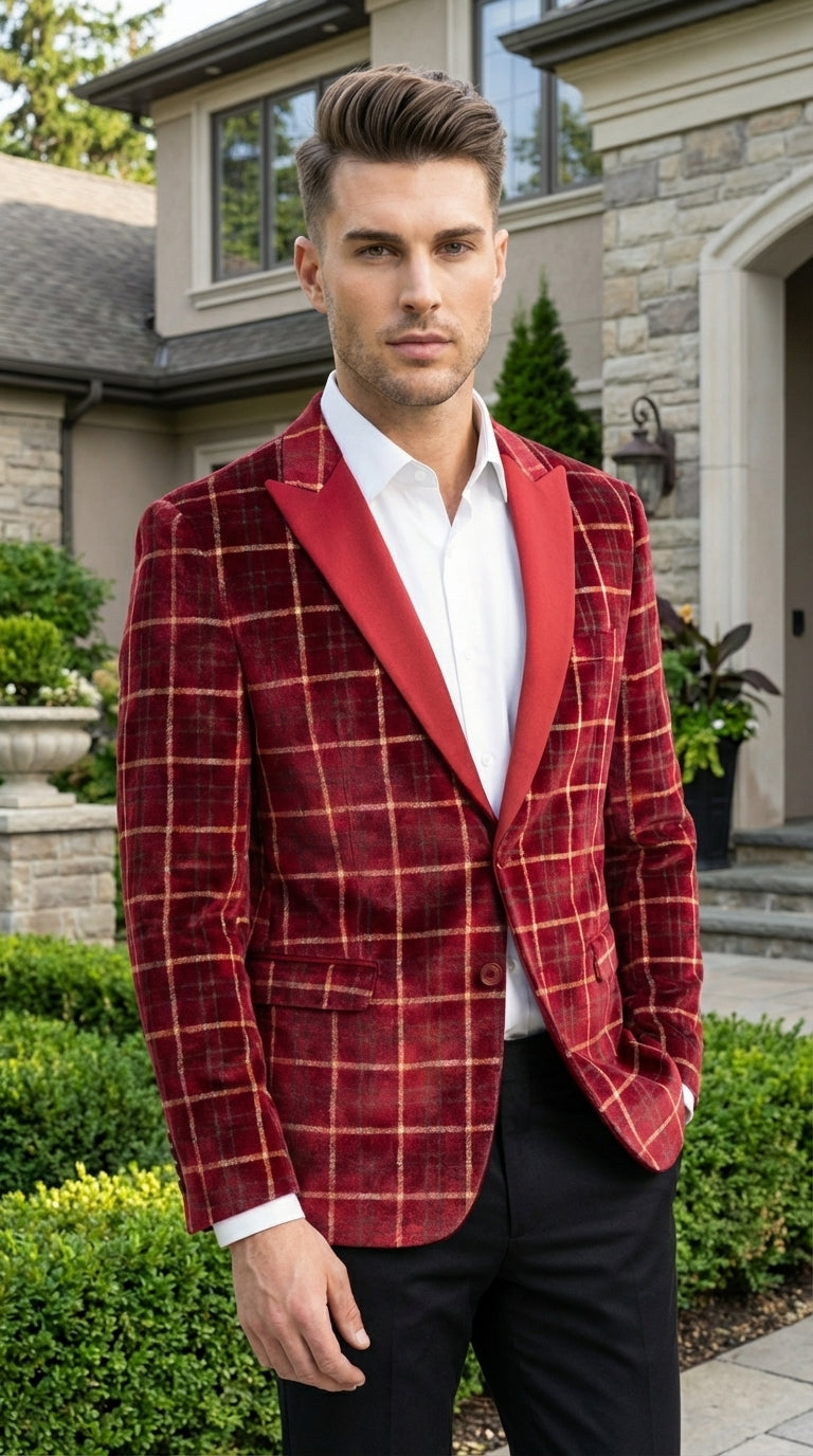 Mens Red Burgundy Plaid Blazer with Contrast Lapel – Velvet Fabric Check Prom Blazer Jacket for Party, Christmas New Year Holiday Jacket