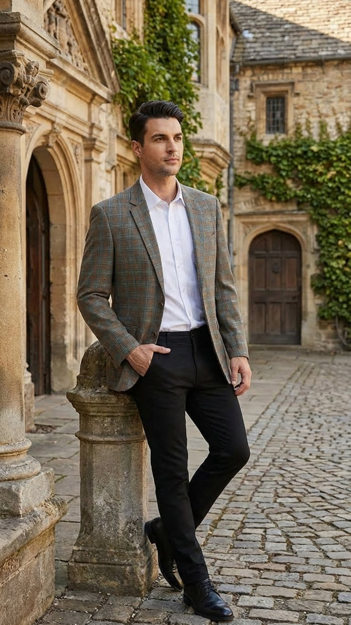 Men's plaid sport coat in green, brown, and teal. Structured with notch lapels, two-button closure, and a woven pattern of alternating colored squares.
