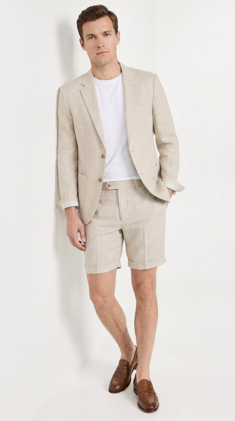 Men's Tan Linen Suit with Shorts | 2 Piece Summer Short Suit
