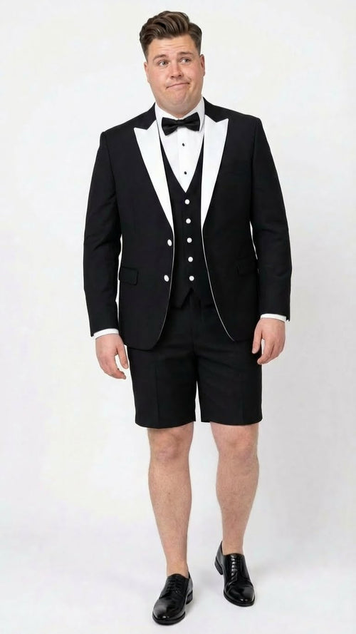 Menâ€™s Black and White Tuxedo Shorts Suit â€“ Modern Formal Tuxedo with Short Pants for Wedding, Party and Special Events
