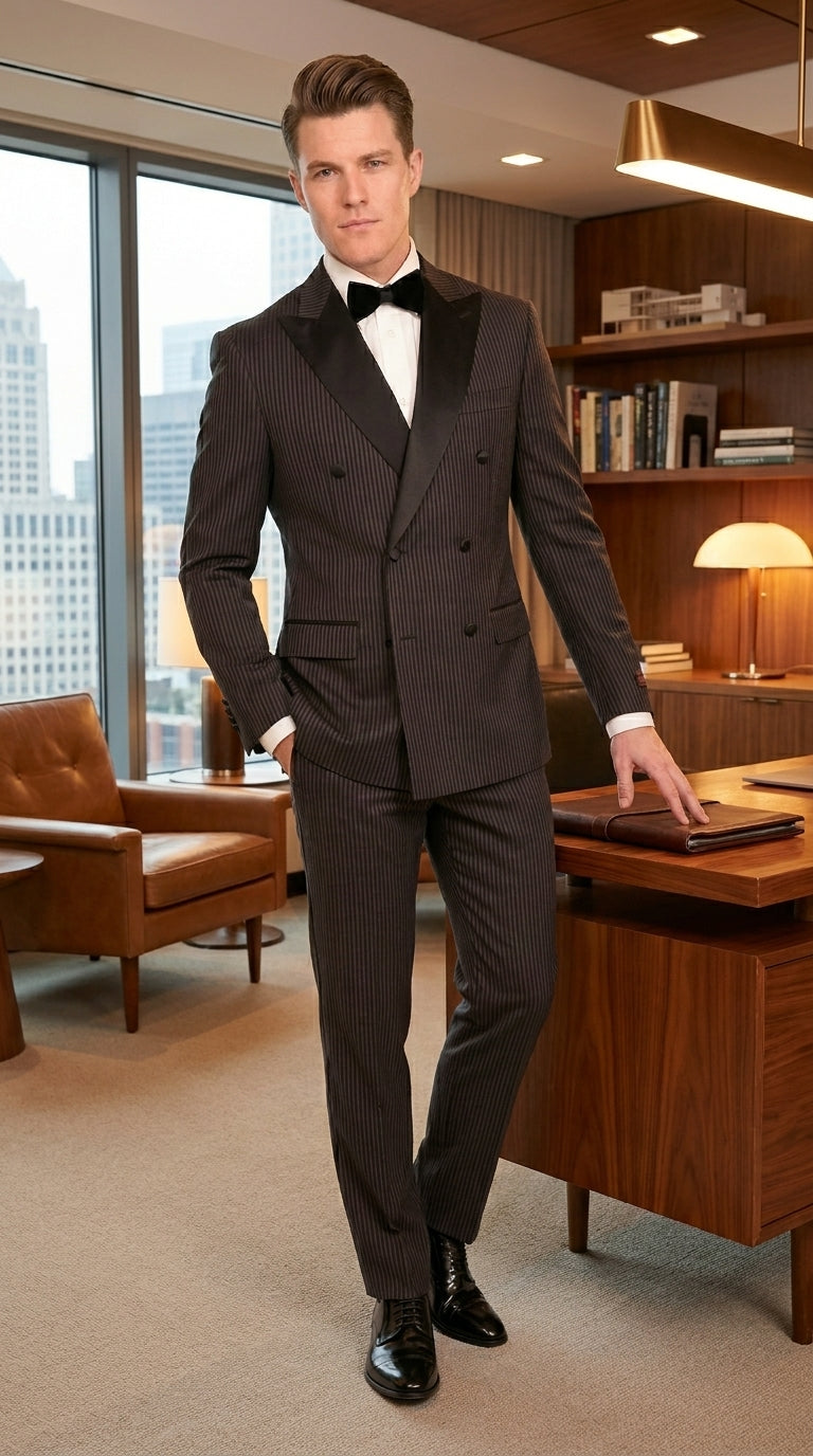 Men’s Double Breasted Suit – Classic Peak Lapel Formal Tuxedo Style Suit for Wedding in Black Ton on Tone Pinstripe