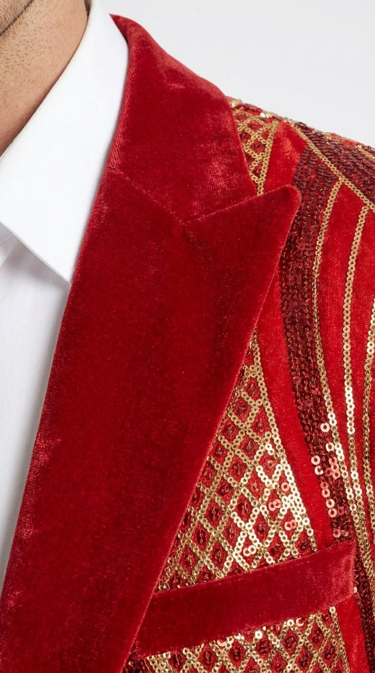 Men’s Red and Gold Sequin Christmas Holiday Blazer – Luxury Party Jacket for New Year, Wedding and Festive Events