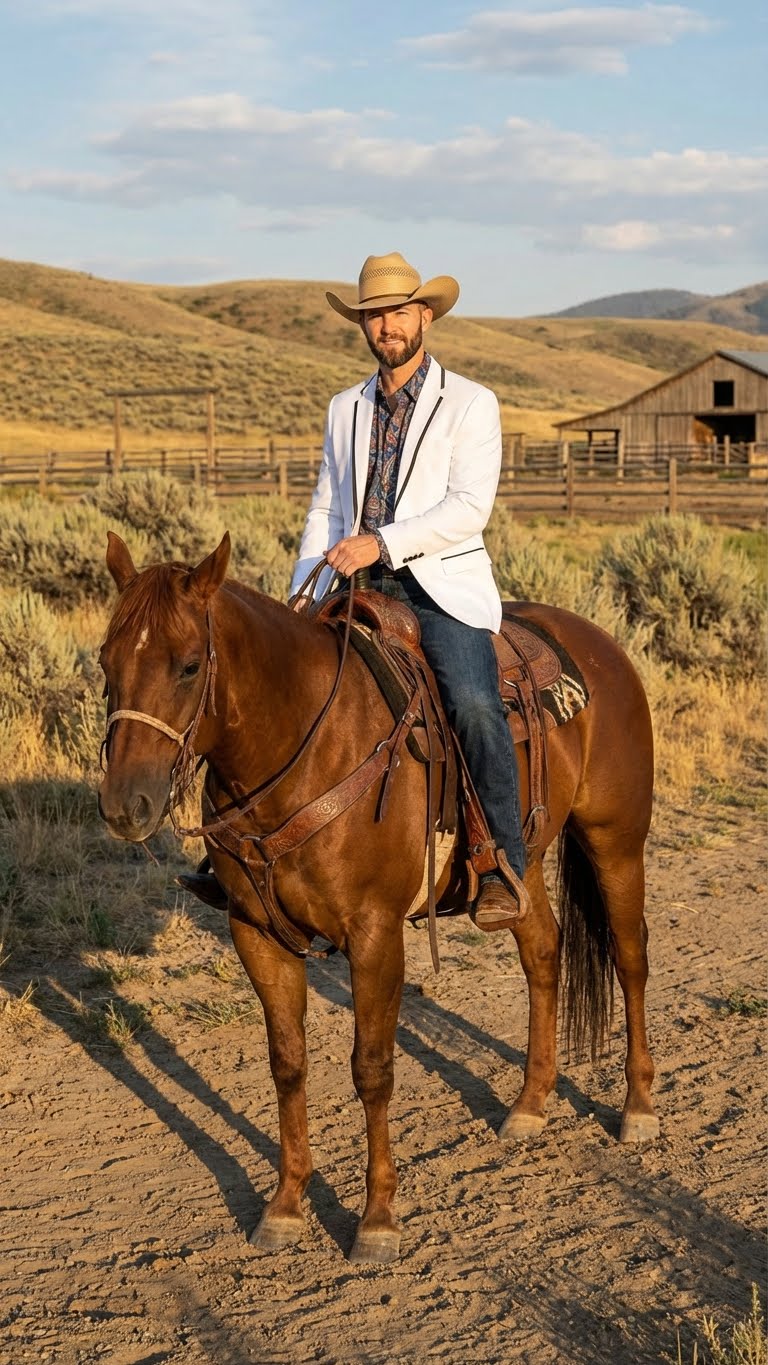 Men’s White Western Blazer with Black Trim – Classic Cowboy Style