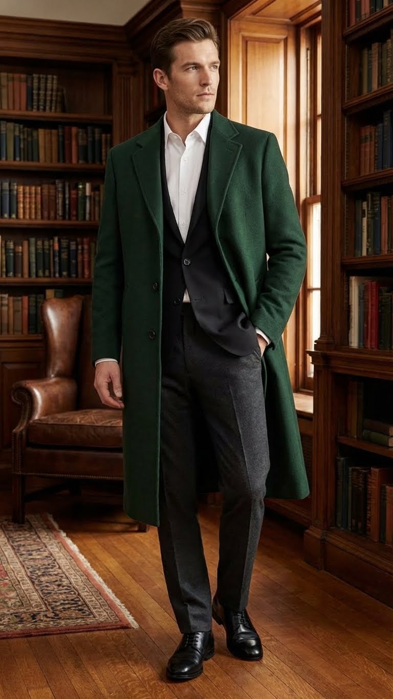 Hunter green men's wool overcoat. Tailored fit, straight silhouette, single-breasted with three buttons. Notch lapel, long sleeves, side pockets. Rich green hue. Full-length.
