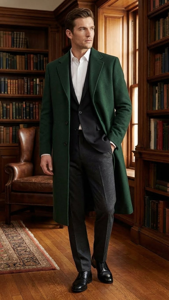 Hunter green men's wool overcoat. Tailored fit, straight silhouette, single-breasted with three buttons. Notch lapel, long sleeves, side pockets. Rich green hue. Full-length.
