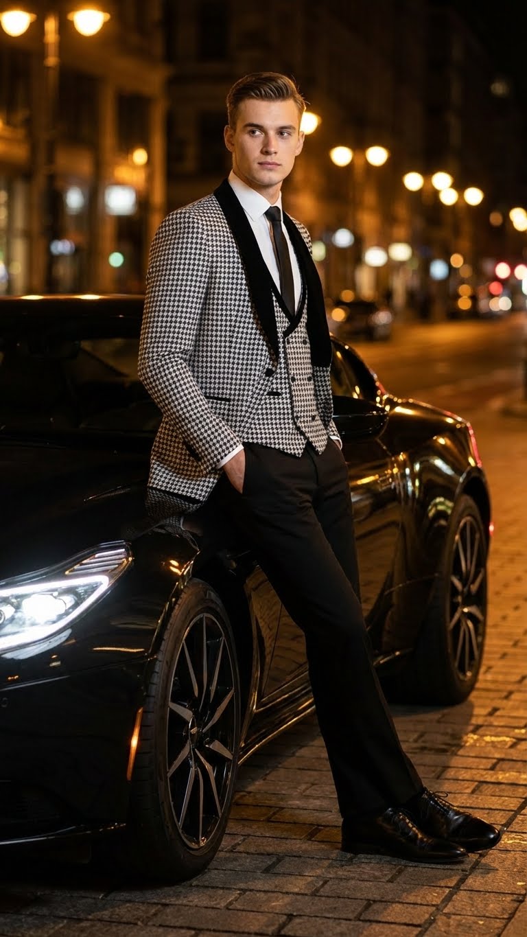 Men's black and white houndstooth tuxedo set. Structured blazer with velvet shawl lapel and matching black dress pants. Bold pattern on blazer.
