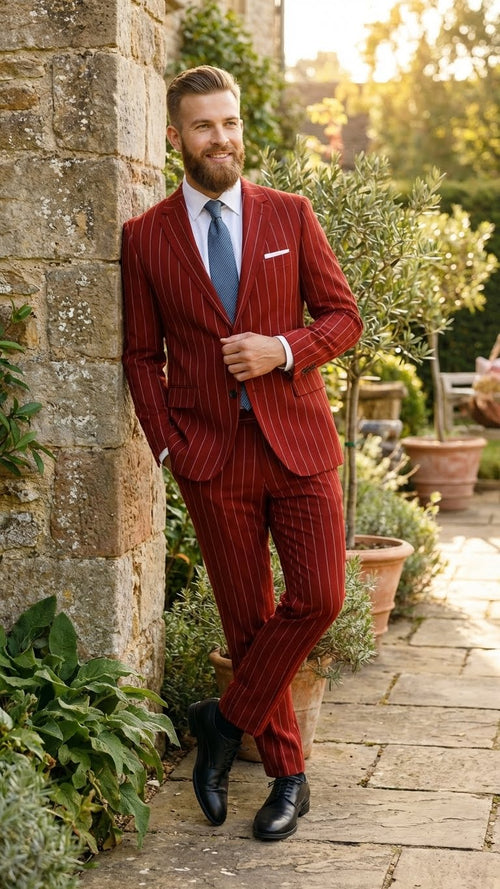 Men's red pinstripe suit with a two-button jacket and vest. Smooth fabric with narrow white stripes. Tailored fit, includes matching trousers.
