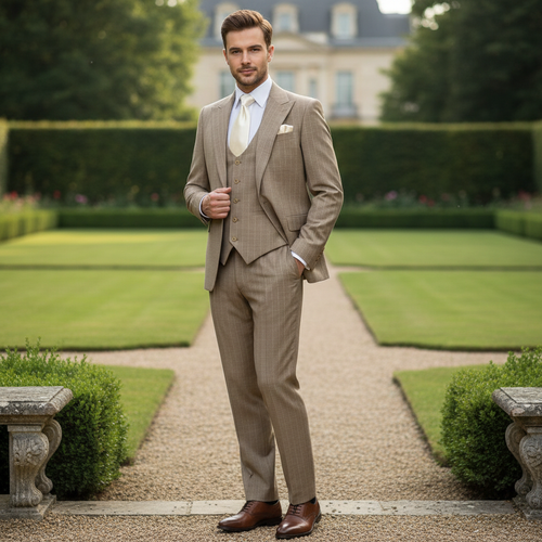 Men's beige pinstripe three-piece suit (jacket, vest, trousers). Smooth fabric, subtle texture, vertical pinstripes. Worn with white shirt, light tie. Tailored fit, structured jacket, straight-leg trousers.
