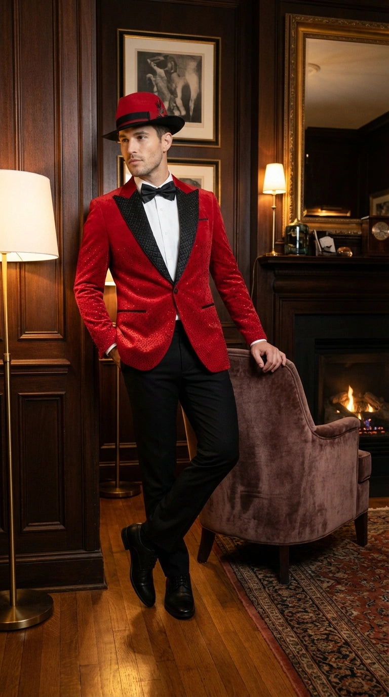Men’s Red Velvet Fabric Rhinestone  Blazer with Matching Red and Black Hat – Christmas New Year Holiday Party Jacket Set