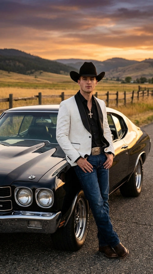 Men’s White Cowboy Blazer with Black Shawl Lapel – Western Formal Jacket for Wedding and Special Events