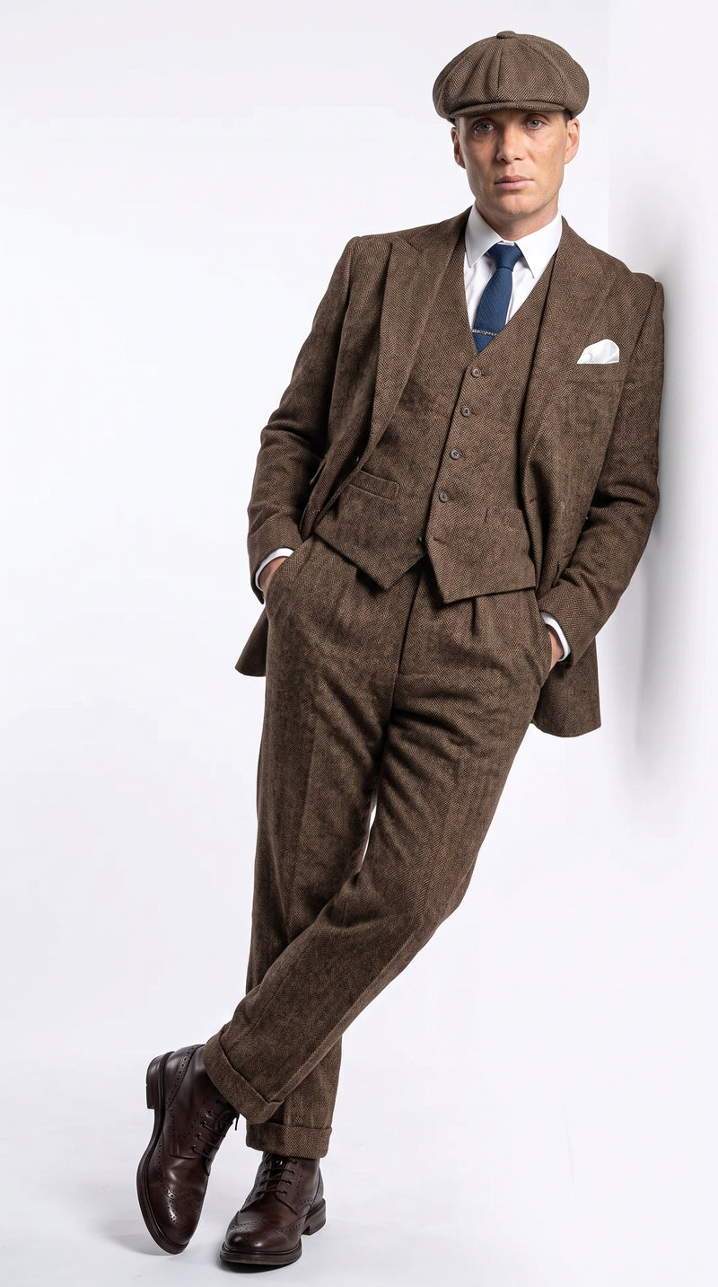 Men’s Thomas Shelby Inspired Brown Herringbone Tweed 3 Piece Suit – Peaky Blinders 1920s Vintage Suit