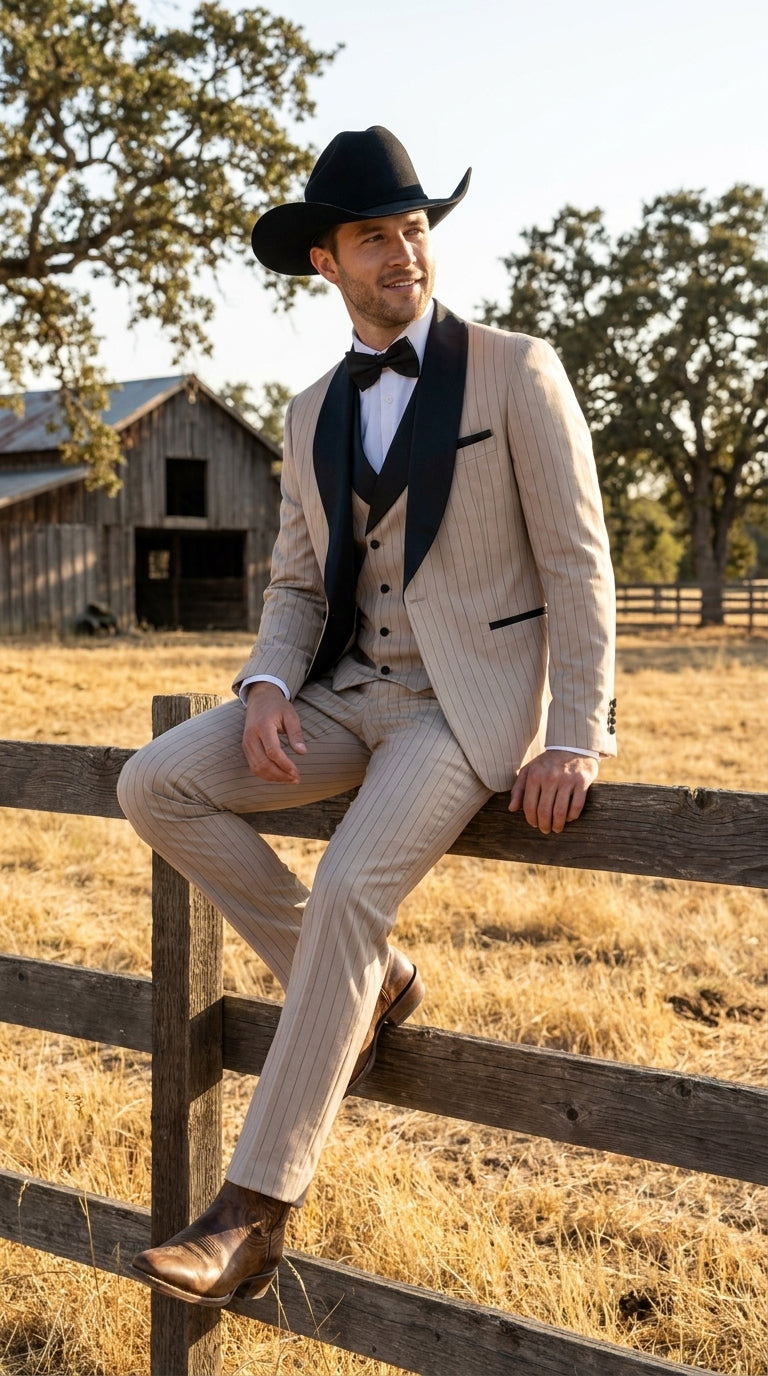 Men’s Beige Pinstripe Western 3 Piece Tuxedo Suit with Black Shawl Lapel, Formal Cowboy Wedding Prom Suit in Tan Khaki Color