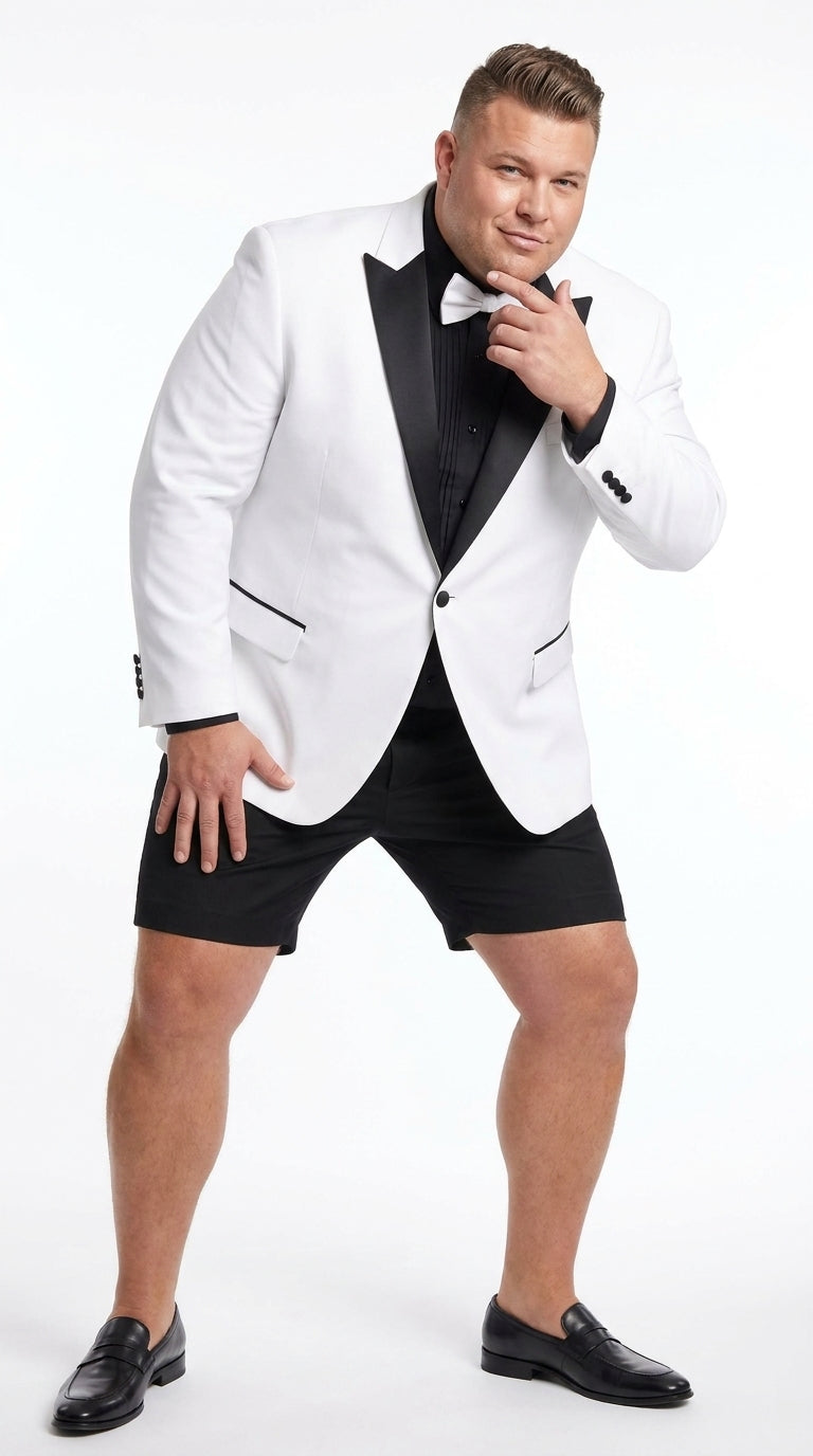 Men’s White and Black Tuxedo Suit with Shorts – Modern Formal Blazer and Short Pants Set for Wedding, Prom Suit
