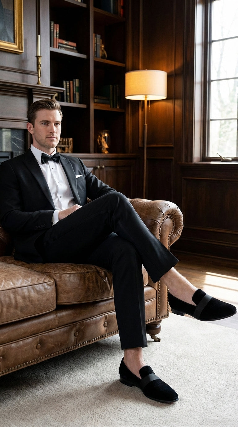 Men's Black Tuxedo Dress Velvet Loafers | Formal Slip-On Shoes for Wedding, Prom & Black Tie Events