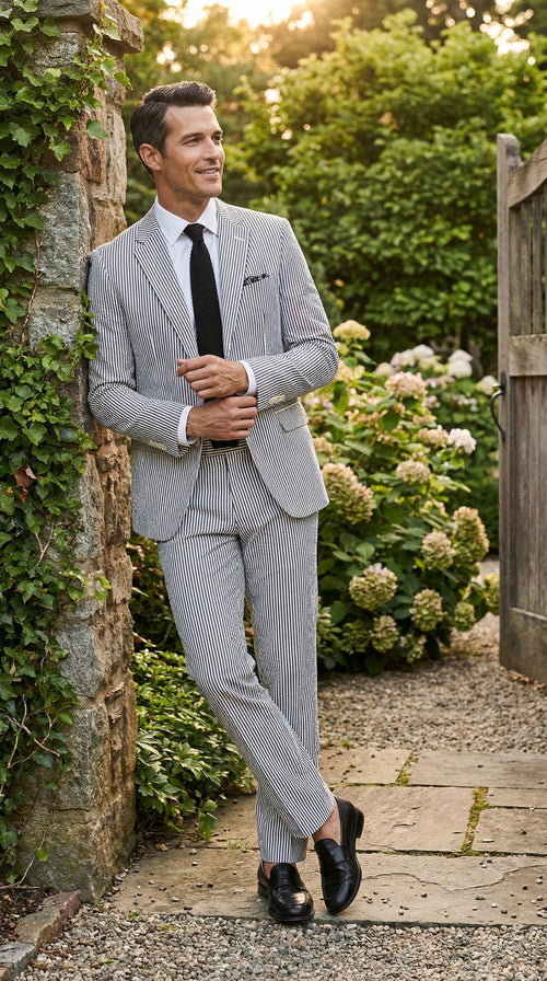 Men’s White and Black Seersucker Suit – Classic Lightweight Striped Summer Suit for Weddings and Formal Events