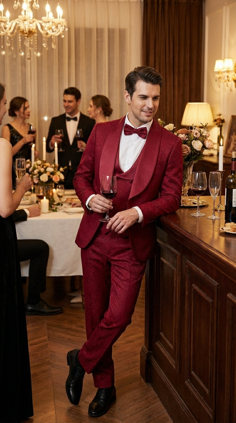 Mens Burgundy Wedding Tuxedo Suit – Paisley Three Piece Formal Suit Set with Shawl Lapel for Groom, Prom