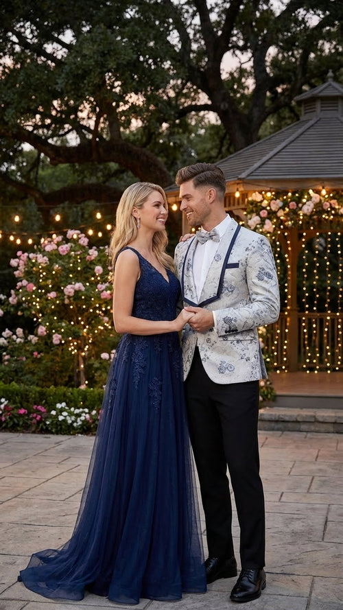 Men's white & navy floral jacquard blazer. Features contrast shawl lapel & all-over floral pattern. Tailored for a sharp look.
