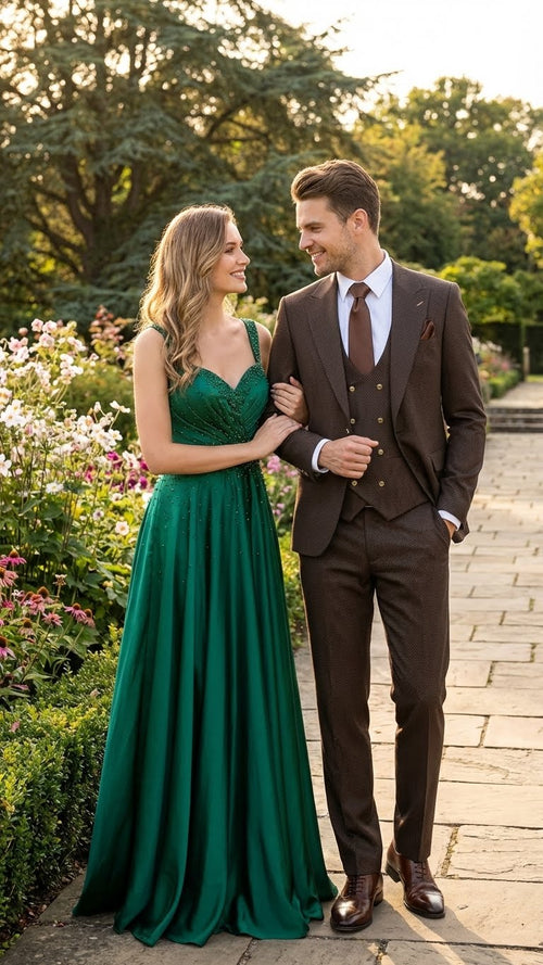 Chocolate brown three-piece men's suit: textured fabric, tailored jacket with notch lapels, fitted vest, and flat-front trousers. Subtle pattern for a structured, polished look.
