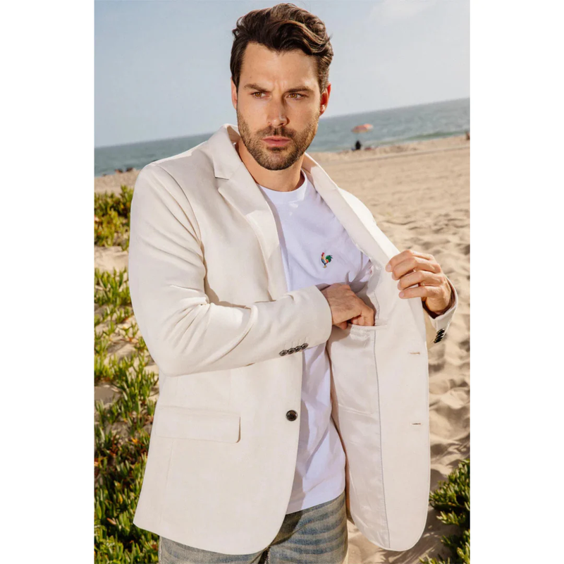 Mens Double Button Faux Suede Blazer - Off White