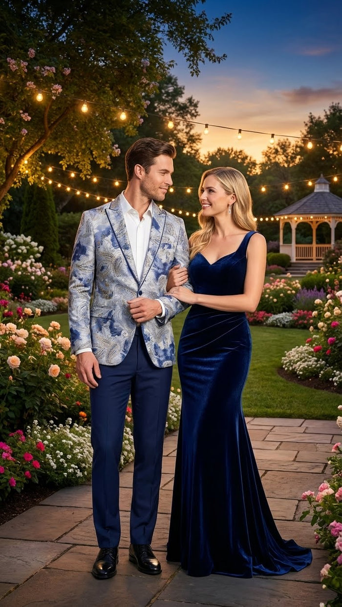 Men's navy & gray paisley blazer. Slim fit, notch lapels, single-button closure. Textured fabric, navy/gray paisley pattern.
