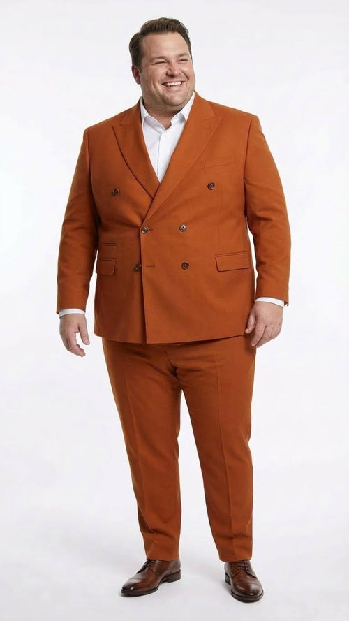 The Vitali brand men’s double-breasted suit in burnt orange features a tailored jacket with wide lapels, two rows of buttons, and two front pockets. The suit pants are slim-fitting, matching in color and material.