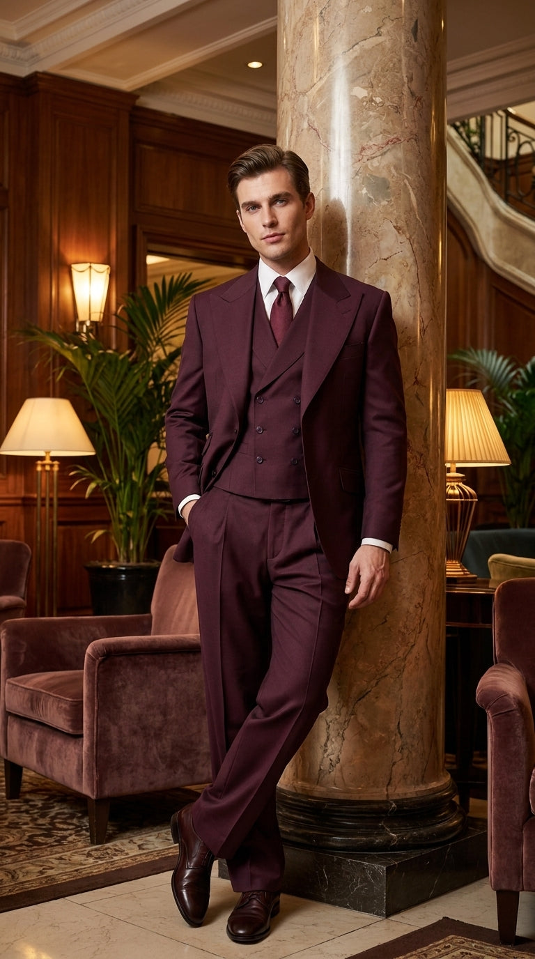 Tiglio Rosso Men’s Burgundy Wool Suit – Classic Fit Big Lapel Suit with Wide Leg Pleated Pants & Side Vents