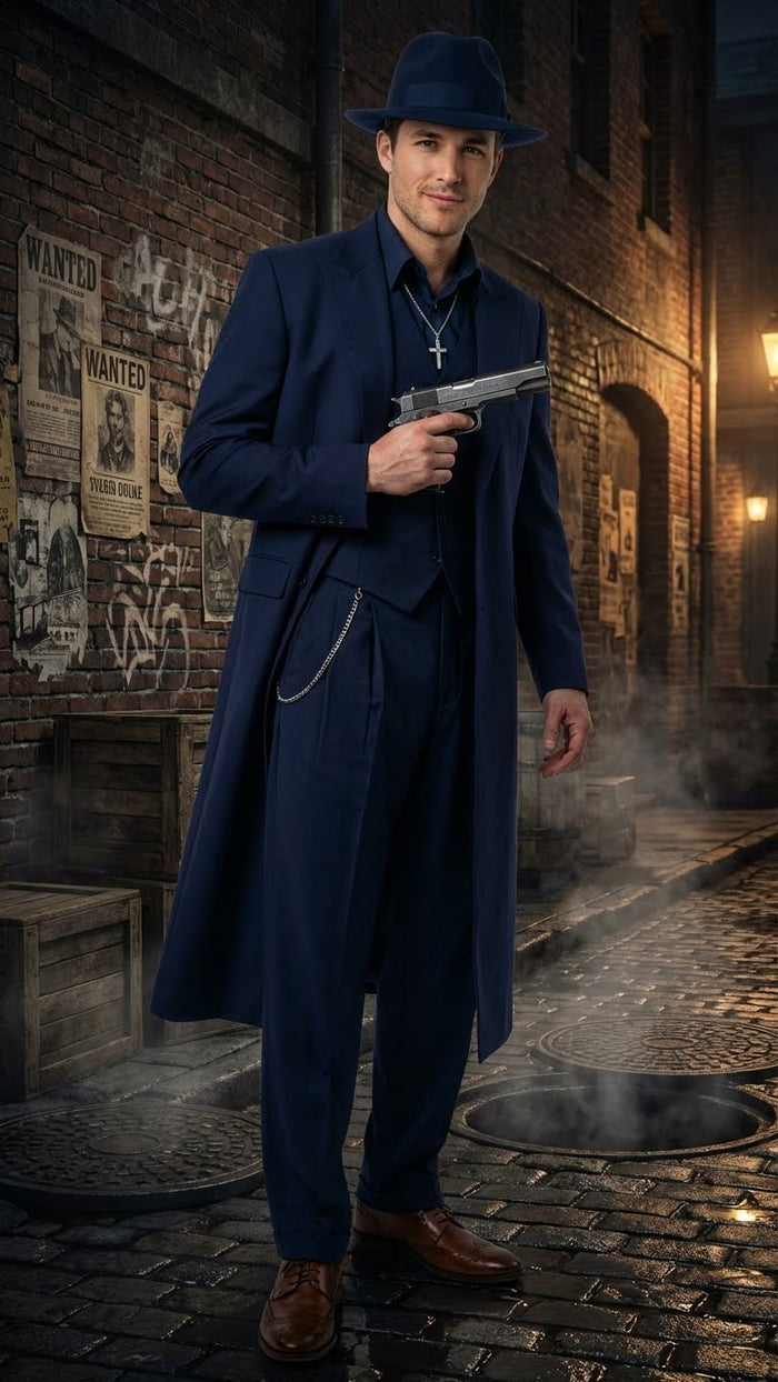 Alberto Nardoni navy zoot suit: long, tailored jacket with wide lapel, loose-fit pants. Smooth, likely wool fabric. Includes waistcoat. Deep navy color, sharp lines, vintage 1920s style silhouette.
