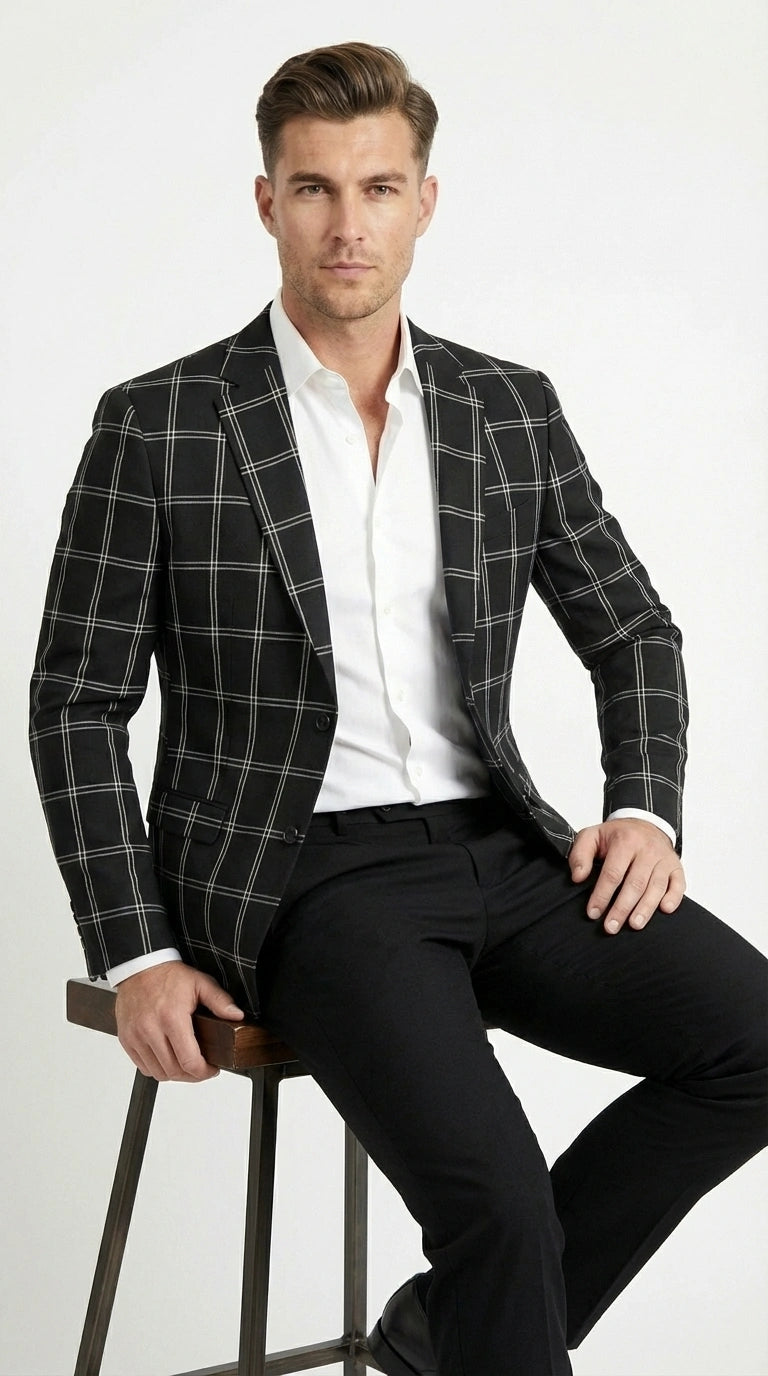 Men’s Black Windowpane Check Blazer – Black Plaid Formal Blazer Jacket for Business, Wedding and Smart Casual Style