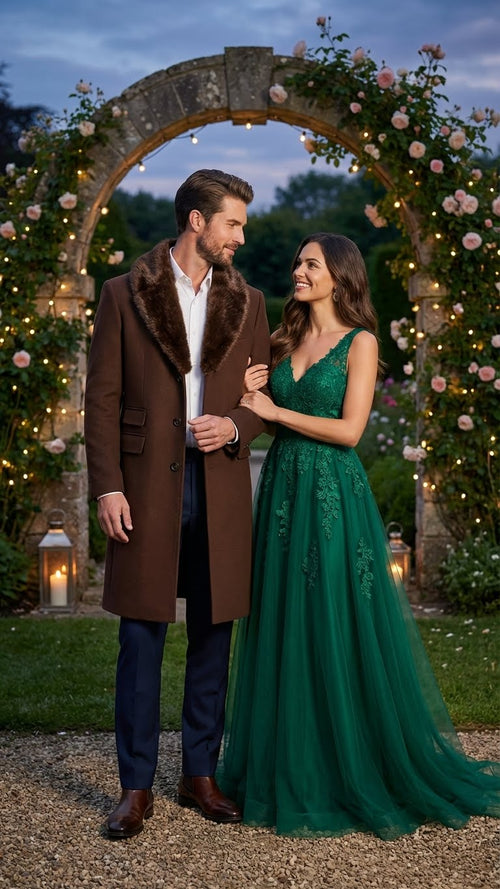 Men's brown overcoat with faux fur collar, structured button closure, and tailored fit. Mid-thigh length, smooth fabric.
