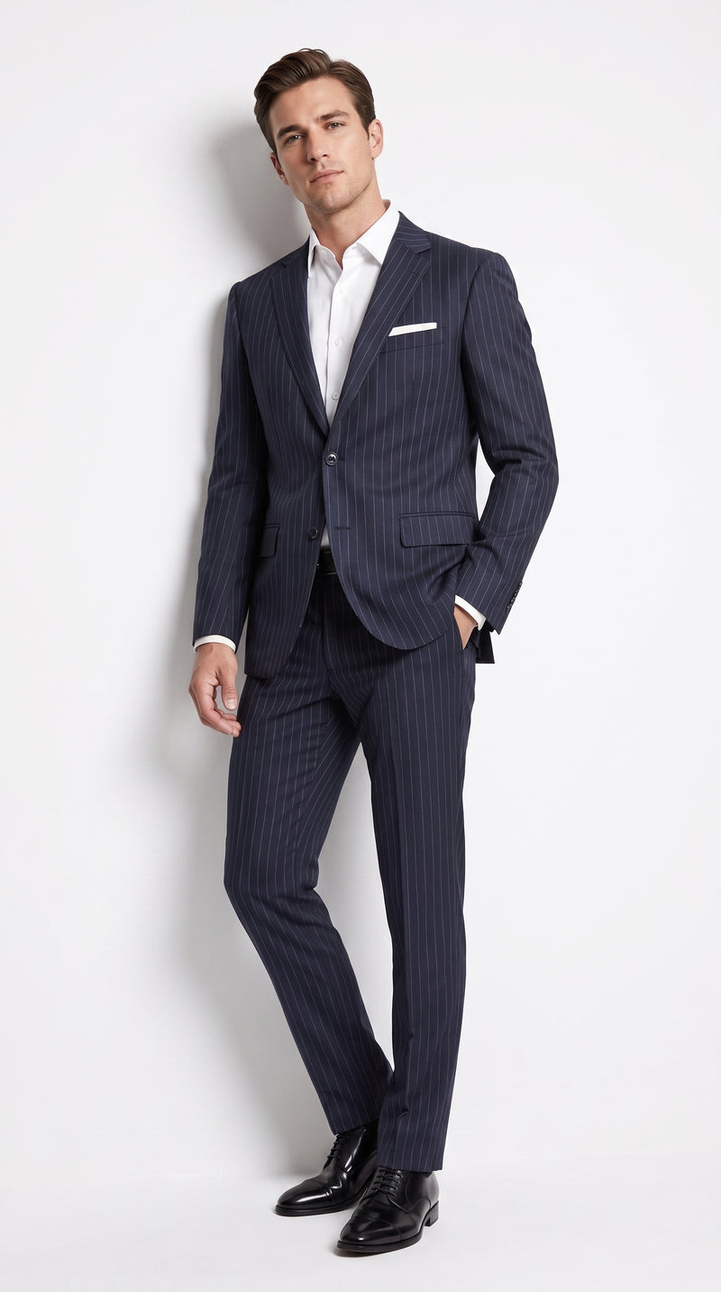 Men’s Patrick Bateman Inspired Navy Pinstripe Suit – American Psycho 1980s Business Style 2 Piece Suit