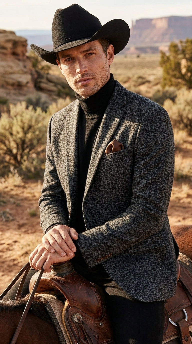 Men’s Charcoal Grey Herringbone Western Winter Blazer – Cowboy Sport Coat Jacket
