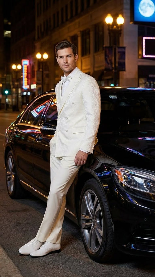 Ivory double-breasted men's tuxedo jacket with textured pattern, peaked lapels, two front pockets, tailored fit, single-button closure. Includes matching ivory trousers.
