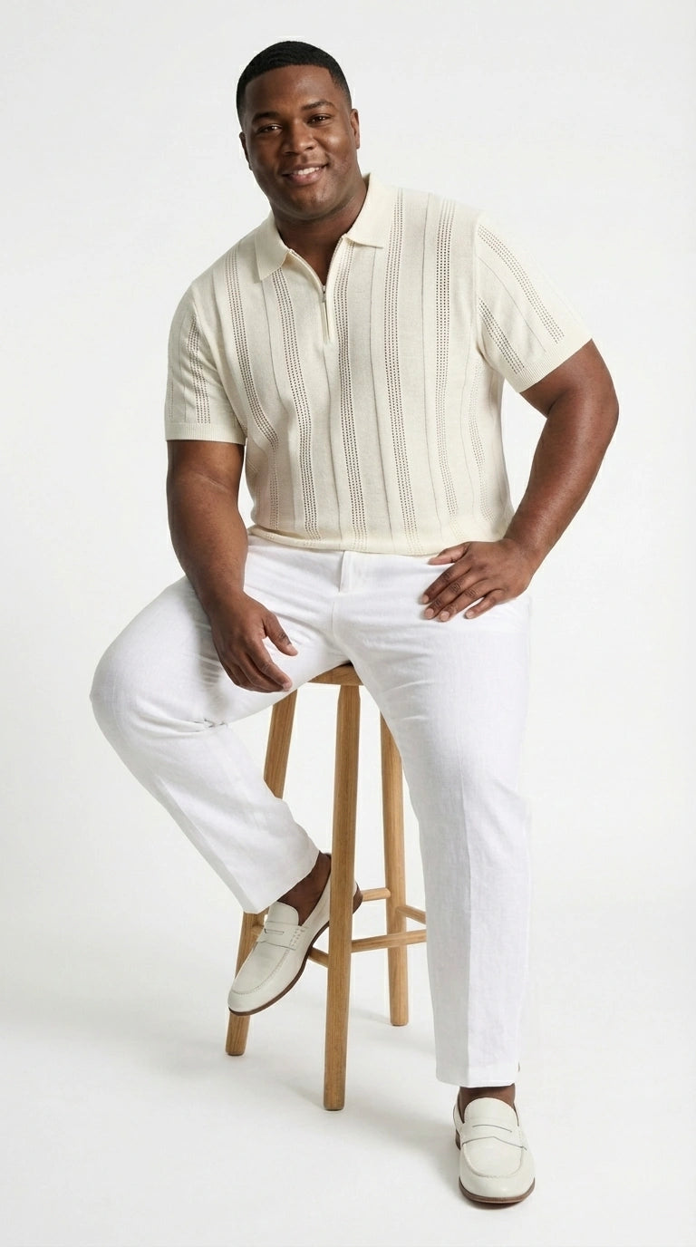 Mens Cream Ivory Off White Knit Walking Suit Set – Lightweight Short Sleeve Shirt and Pants Outfit for Summer, Vacation and Casual Style