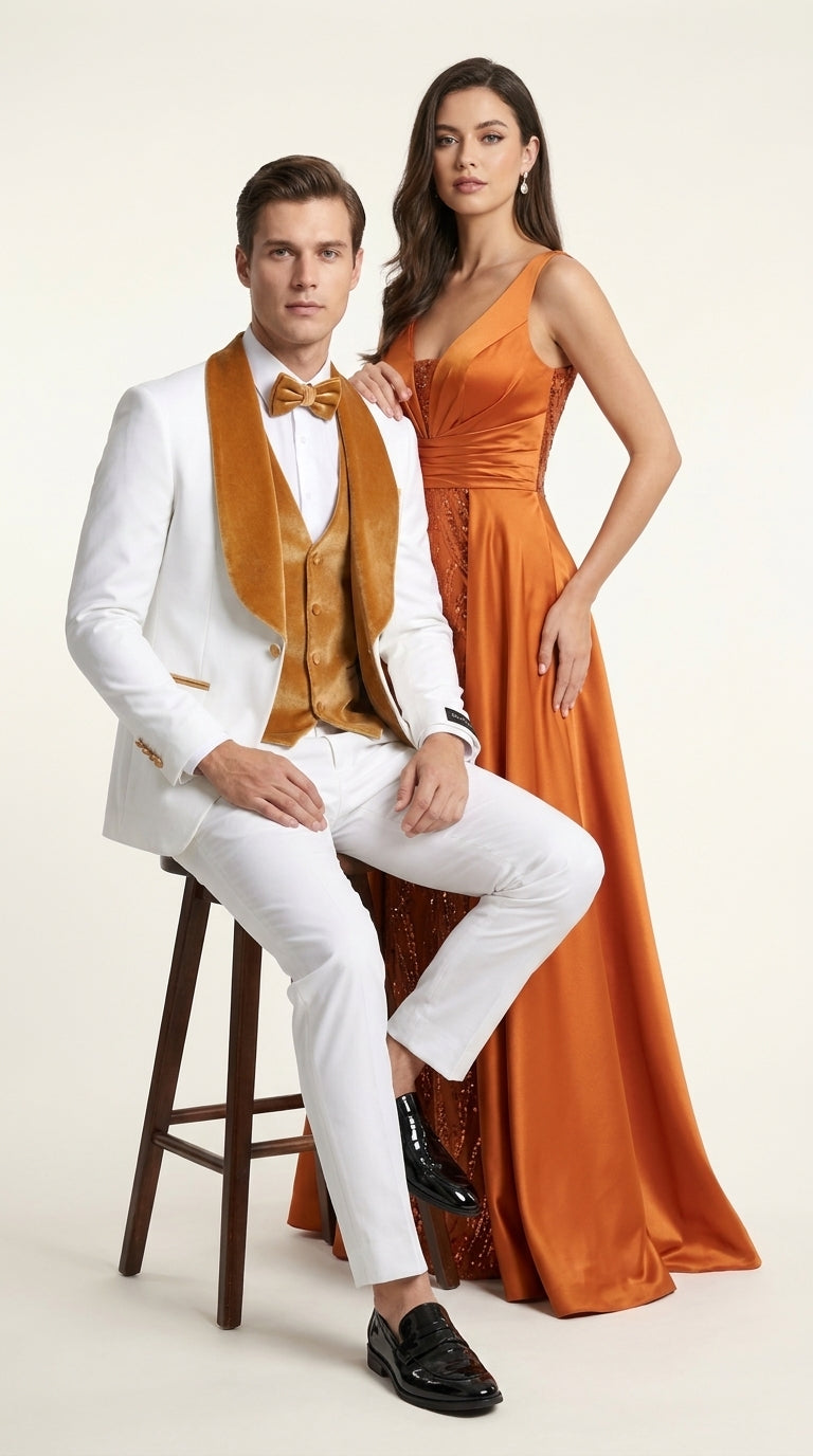 Men's White & Gold Tuxedo – Velvet Shawl Lapel 3 Piece Wedding & Prom Suit