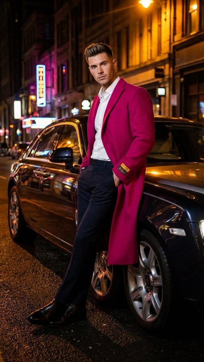 Men's hot pink wool blend overcoat with tailored fit, notched collar, and long sleeves. Knee-length, made from a soft wool blend fabric.
